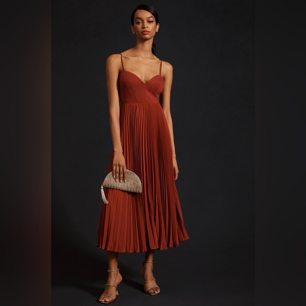 By Anthropologie Sweetheart Bodice Red Spaghetti Strap pleated midi Dress